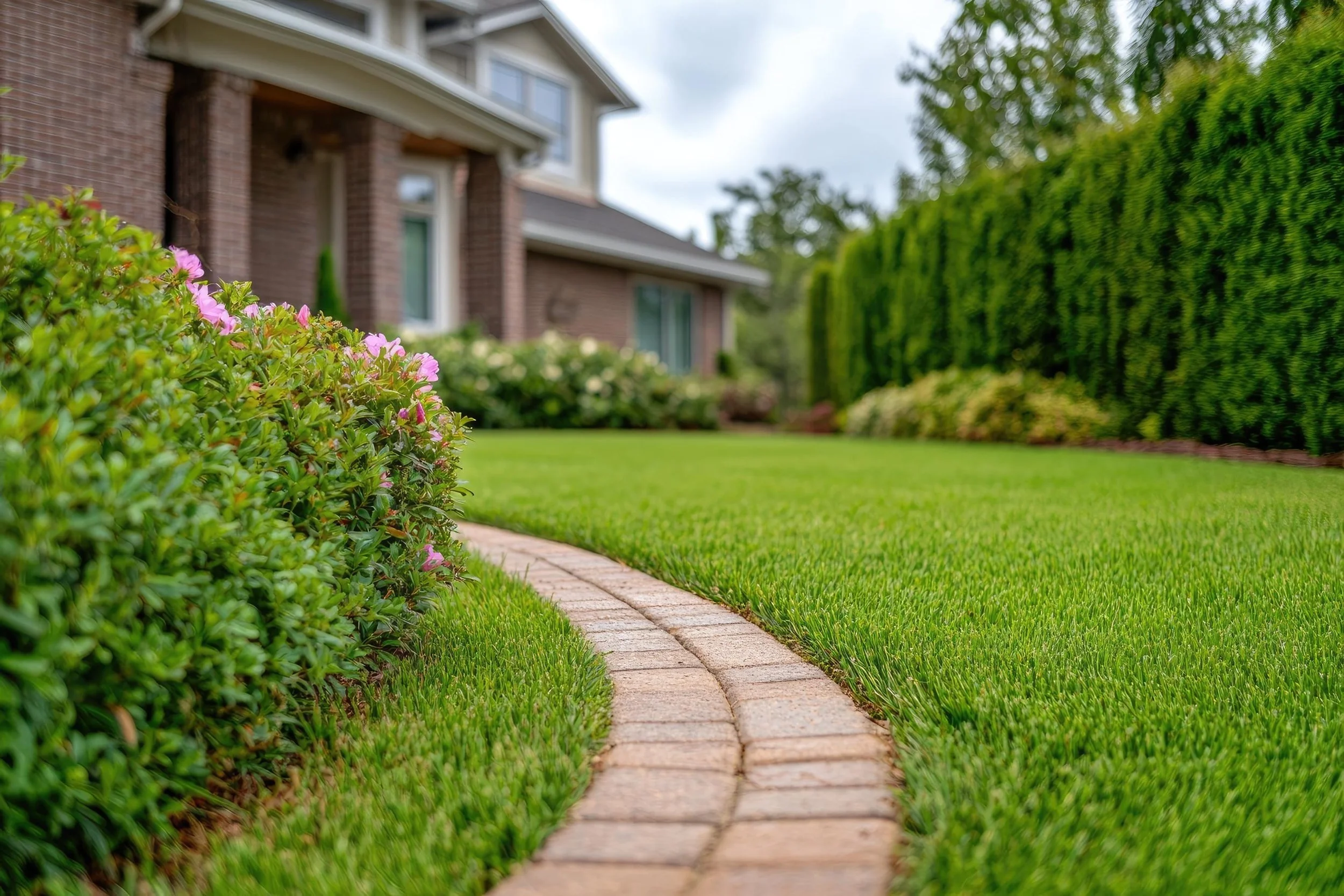 Brick walkway with azaleas and lush lawn