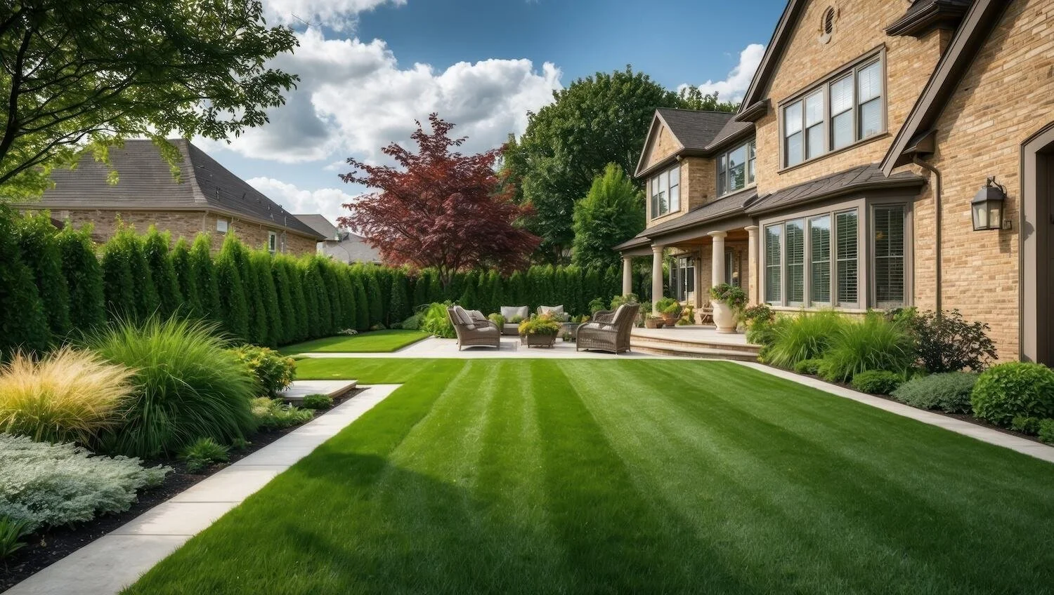 Beautiful residential backyard with striped lawn and patio